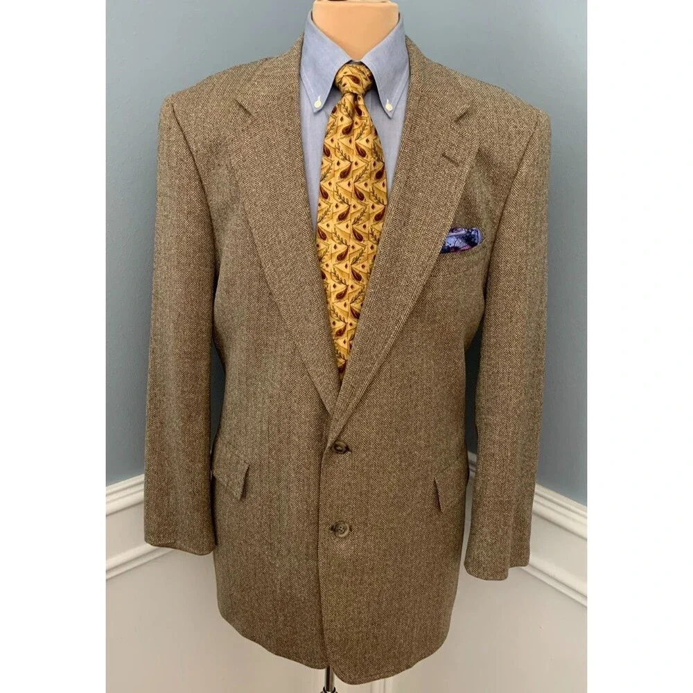 Vintage Jos A Bank Blazer Mens 44R Wool Herringbone Tweed USA Jacket Sportcoat